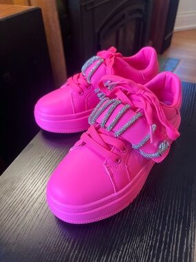 Women’s Bright Pink Sparkle Lace-Up Sneakers with Glittery Snake Detail
